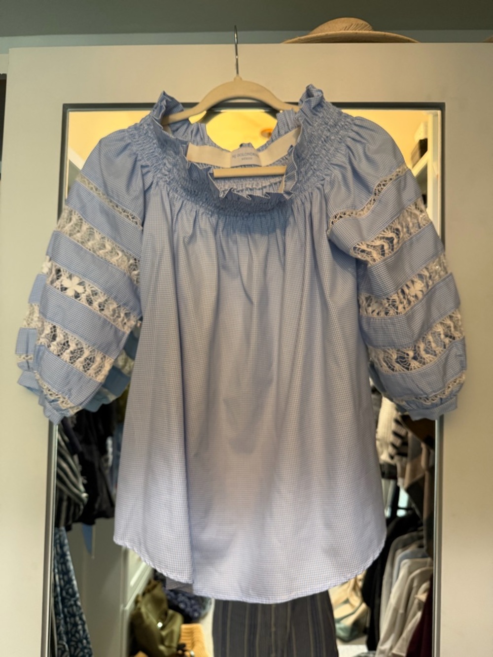 Mi Golondrina Light Blue Lace-Panel Peasant Blouse